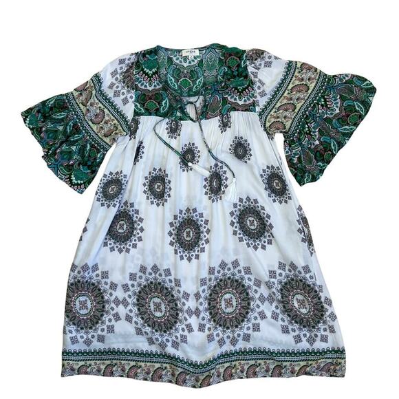 Umgee Sz M Boho Shift Mini Dress Bell Sleeves Tassel Tie Green Paisley Print - Picture 13 of 16